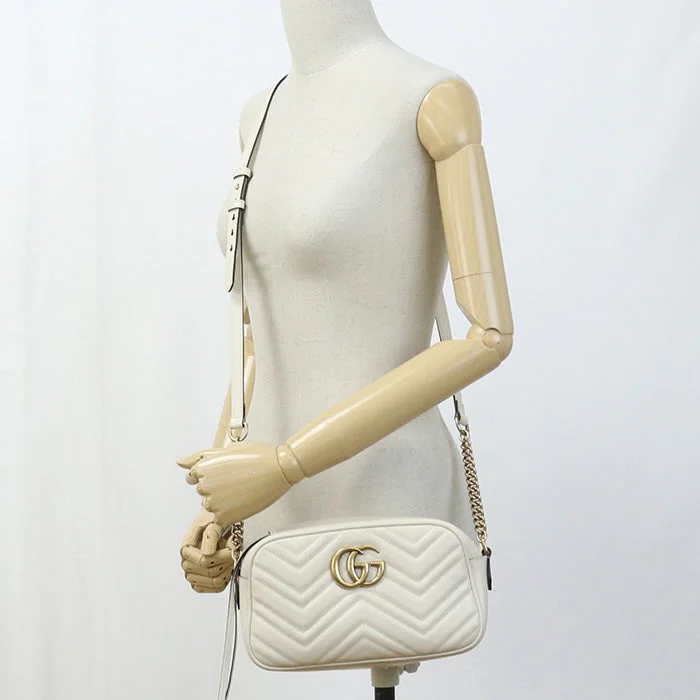 Women Gucci Sylvie bags with a crystal - embellished web stripeGUCCI 447632 Small Shoulder Bag GG Marmont Diagonal sling leather white Women