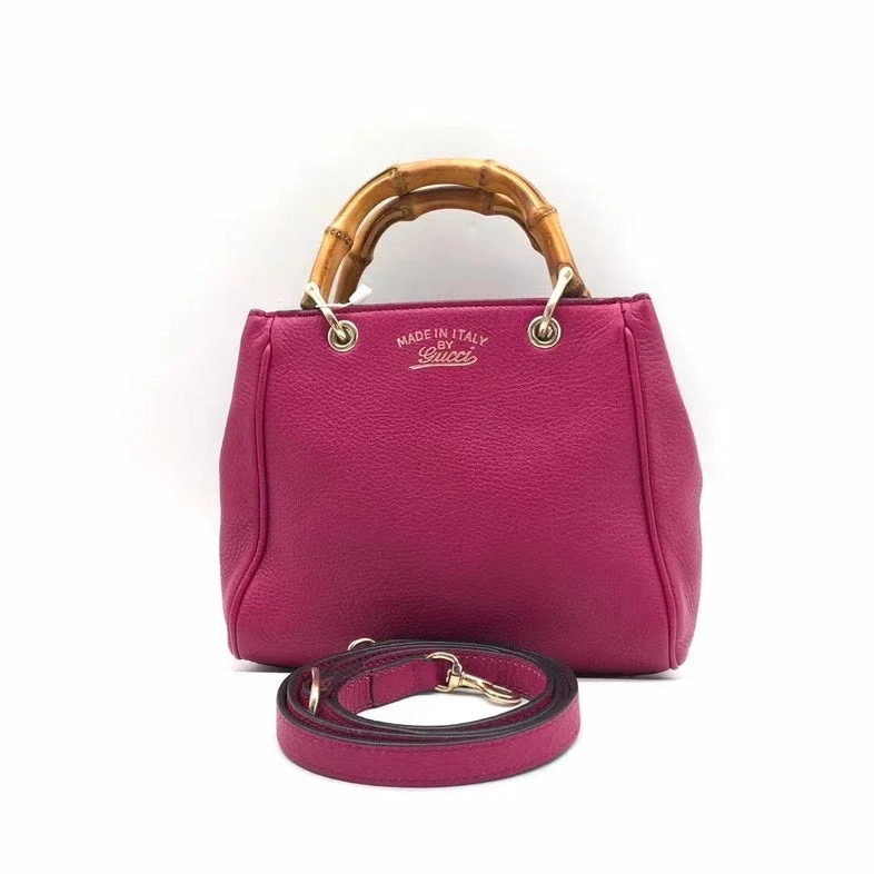 Women Gucci bags with a front - flap pocket for quick - access itemsGucci Bamboo Handle Two-Way Bag - Fuchsia Pink Leather Small