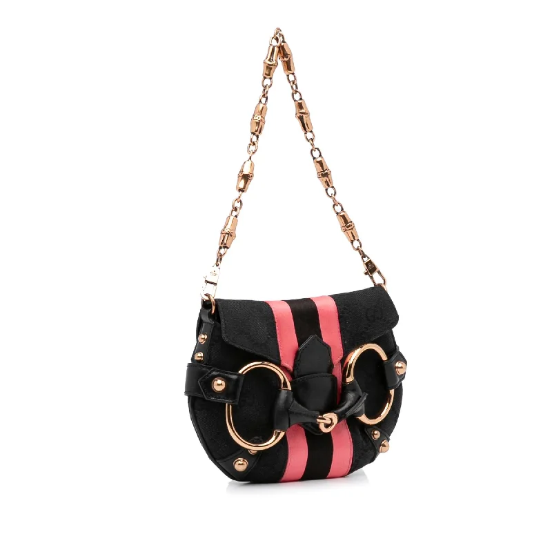 Gucci Marmont bags for women with a contrast - colored interiorGucci GG Canvas Horsebit Chain Baguette (SHG-FcwgFl)