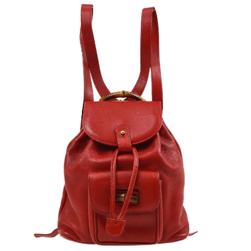 Ladies Gucci shoulder bags with a magnetic - closure flapGucci Bamboo Line Backpack Hand Bag Red JT07217j