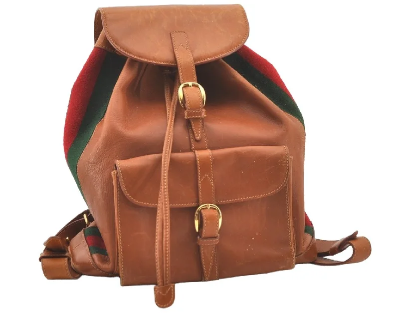 Ladies Gucci shoulder bags with a wide - width strapAuthentic GUCCI Vintage Web Sherry Line Backpack Leather Brown Junk 7994J