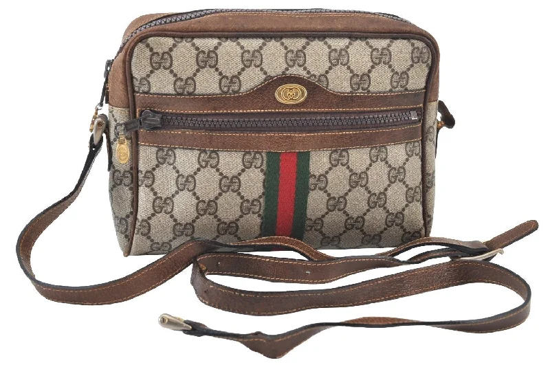 Ladies Gucci handbags with a detachable coin purse insideAuth GUCCI Web Sherry Line Shoulder Cross Bag GG PVC Leather Brown Junk J6597