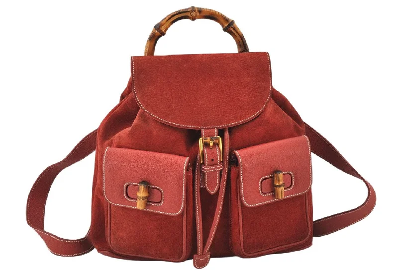 Ladies Gucci shoulder bags with a wide - width strapAuthentic GUCCI Vintage Bamboo Drawstring Backpack Suede Leather Red 7160K