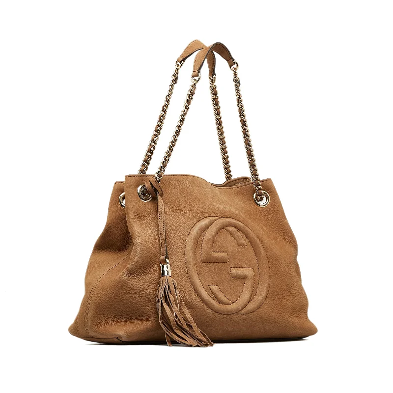 Women Gucci bags with a detachable mirror insideTan Gucci Medium Soho Chain Tote