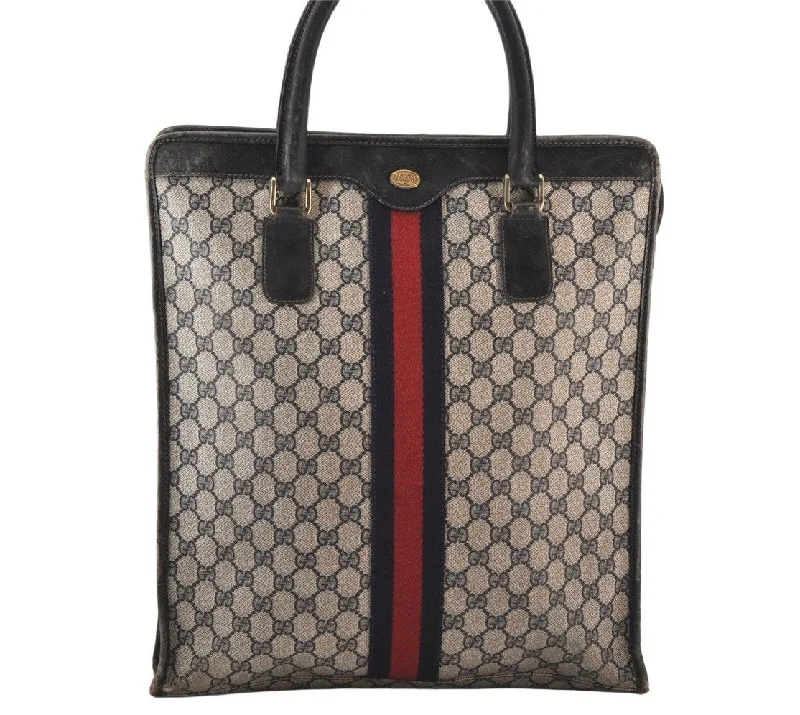 Women Gucci Sylvie bags with a detachable ribbon detailAuthentic GUCCI Sherry Line Hand Tote Bag GG PVC Leather Navy Blue Junk 7165K