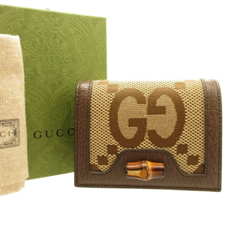 Women Gucci bags with a chain - link trim and a leather bodyGUCCI 658244 Jumbo GG Bamboo Canvas Leather Brown Bifold Wallet 0153