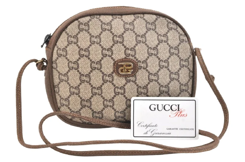 Women Gucci tote bags in GG Supreme canvas for a branded feelAuthentic GUCCI GG Plus Shoulder Cross Body Bag PVC Leather Brown Junk 6947K