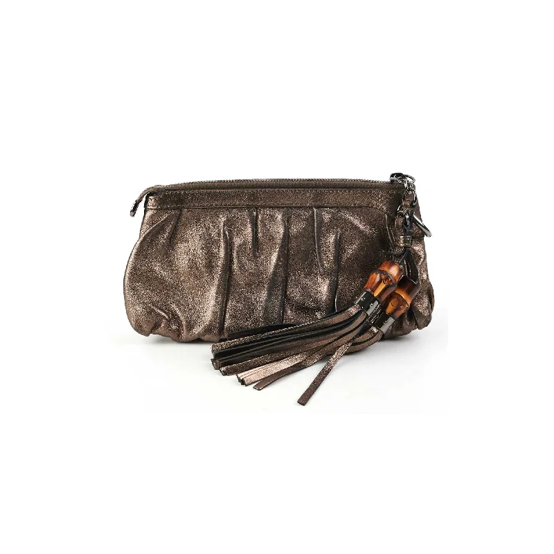 Gucci handbags for women with a patent - leather finishGucci Metallic Bronze Tassel Pouch