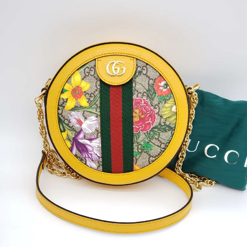 Women Gucci bags with a chain - link trim and a leather bodyGucci Ophidia Flora Round Shoulder Bag