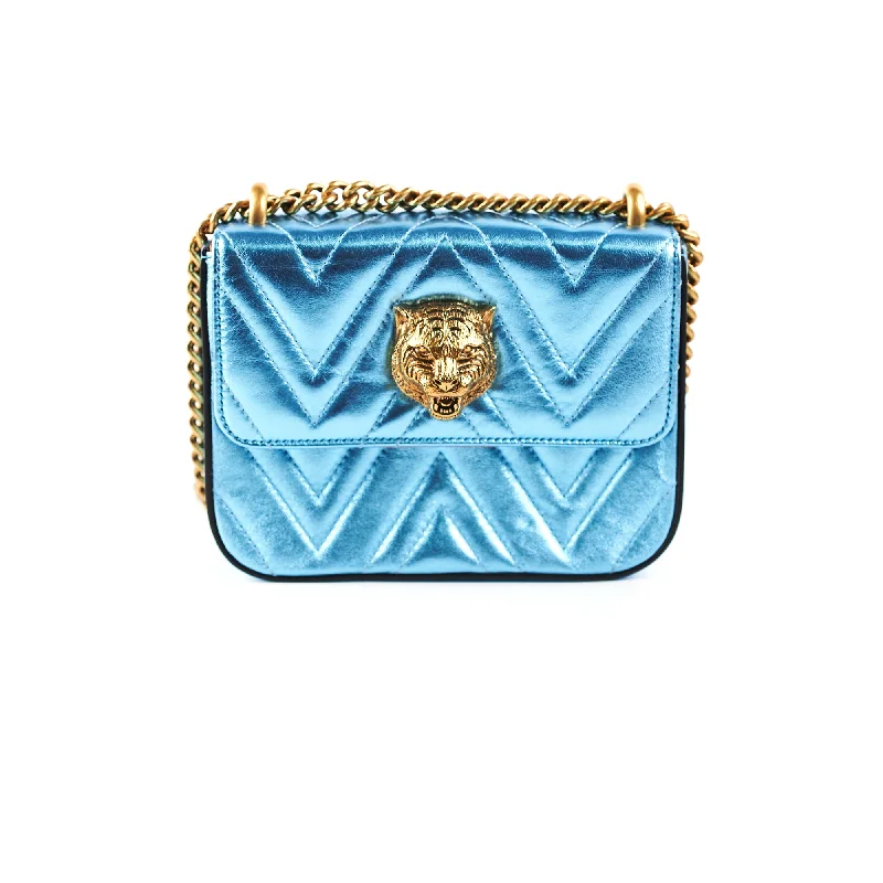 Medium - sized Women Gucci handbags for everyday useGucci Broadway Cat Tiger Metallic Blue Bag