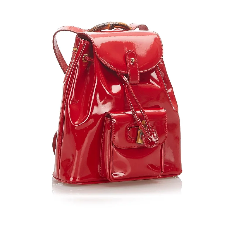 Ladies Gucci Dionysus bags with a chain - link shoulder strapGucci Bamboo Patent Leather Drawstring Backpack (SHG-22346)