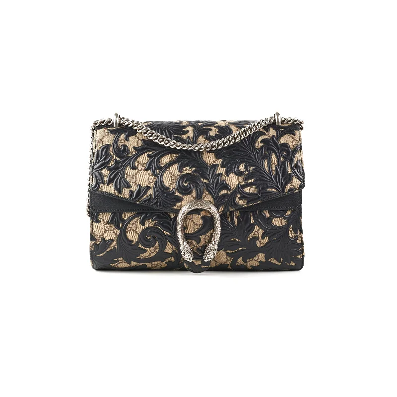 Women Gucci Sylvie bags with a monogram - embossed leatherGucci Dionysus Arabesque GG Coated Canvas Medium