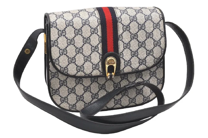 Women Gucci bags with a front - flap pocket for quick - access itemsAuthentic GUCCI Sherry Line Shoulder Cross Bag GG PVC Leather Navy Blue 7029K