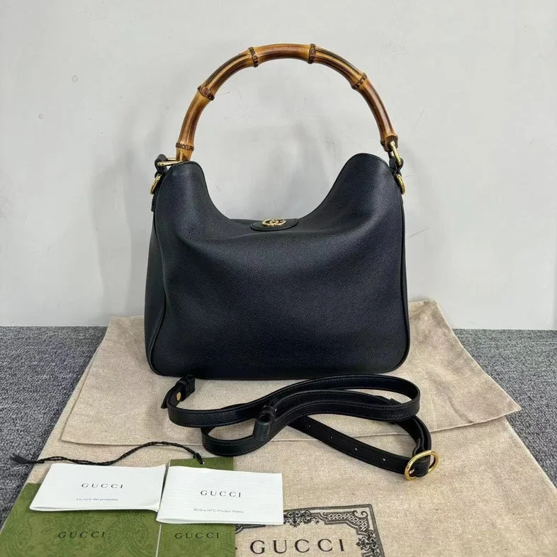 Gucci handbags for women with a back - zip pocketGucci Bamboo Black Leather HandBag Medium with DustBag