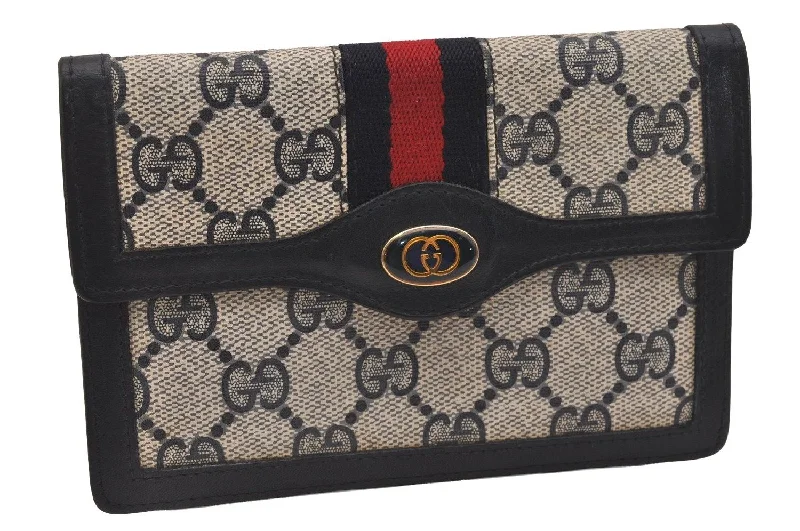 Gucci tote bags for women with a double - handle designAuthentic GUCCI Vintage Sherry Line Pouch Purse GG PVC Leather Navy Blue 6485J