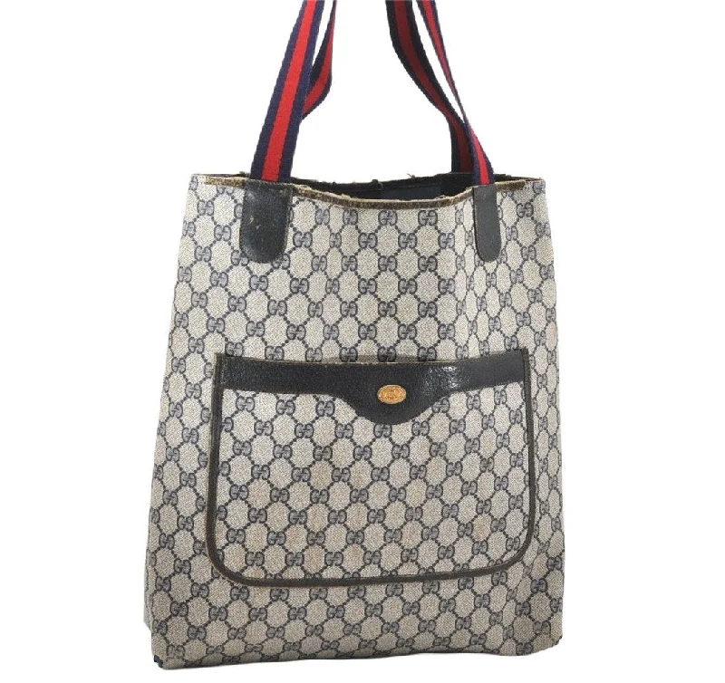 Women Gucci crossbody bags with a woven leather strapAuthentic GUCCI Sherry Line Shoulder Tote Bag GG PVC Leather Navy Blue 7150K