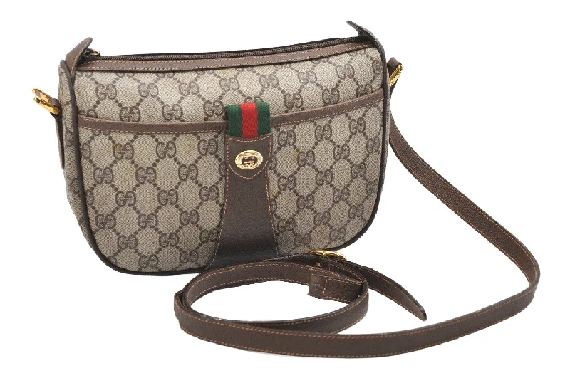 Gucci handbags for women with a patent - leather finishAuthentic GUCCI Web Sherry Line Shoulder Bag GG PVC Leather Brown Junk 7020K