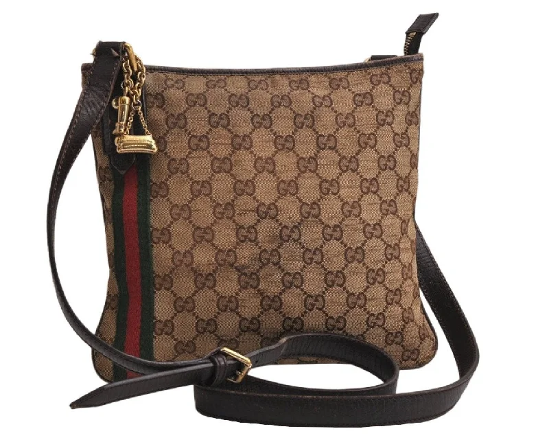 Gucci handbags for women with a back - zip pocketAuth GUCCI Web Sherry Line Shoulder Bag GG Canvas Leather 144388 Brown 0813K