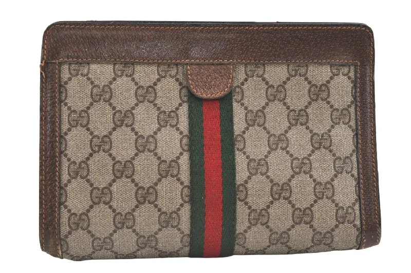 Women Gucci bags with a zip - around closure for securityAuthentic GUCCI Web Sherry Line Clutch Hand Bag Purse GG PVC Leather Brown 0694K