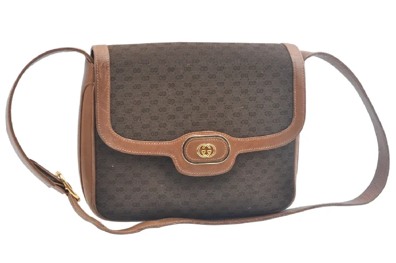 Women Gucci crossbody bags with a printed floral patternAuthentic GUCCI Micro GG Canvas Leather Shoulder Cross Body Bag Brown Junk K9804