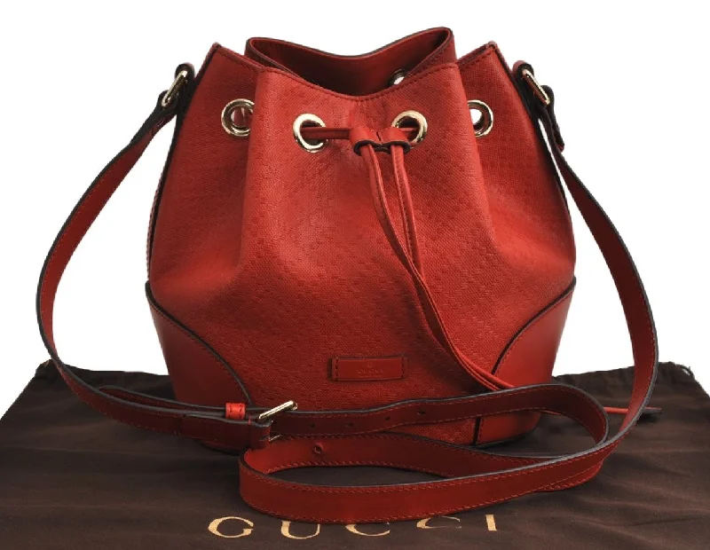 Gucci tote bags for women with a water - resistant coatingAuthentic GUCCI Bright Diamante Shoulder Drawstring Bag Leather 354229 Red 0288K