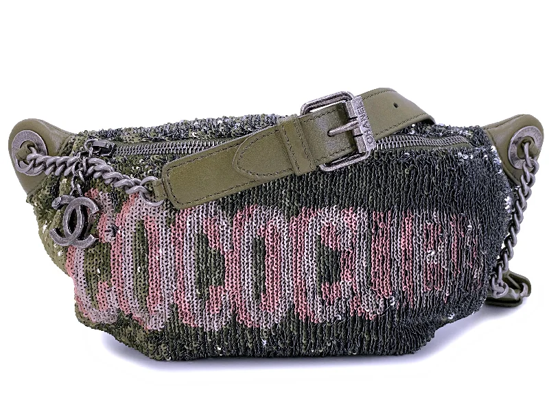 Chanel Small Crossbody Bag for TravelChanel 17C Green Pink Sequin Coco Cuba Fanny Pack Belt Bum Bag L29