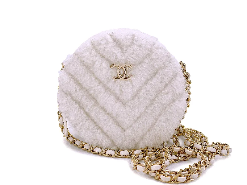 Chanel New Arrival Handbag with Gold HardwareChanel 2019 White Shearling Chevron Fur Mini Round Drum Bag GHW 6RF