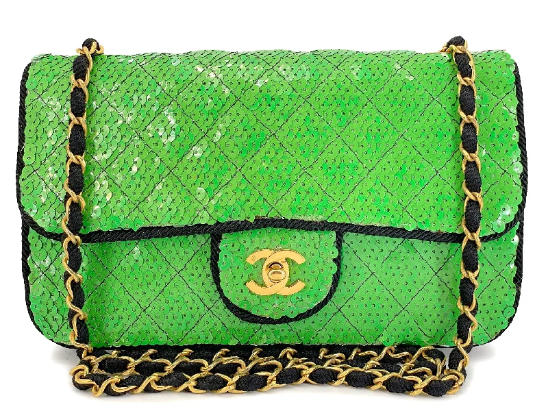 Chanel Designer Handbag with Unique DesignChanel 1991 Vintage Iridescent Green Sequin Medium Flap Bag 24k GHW BL5