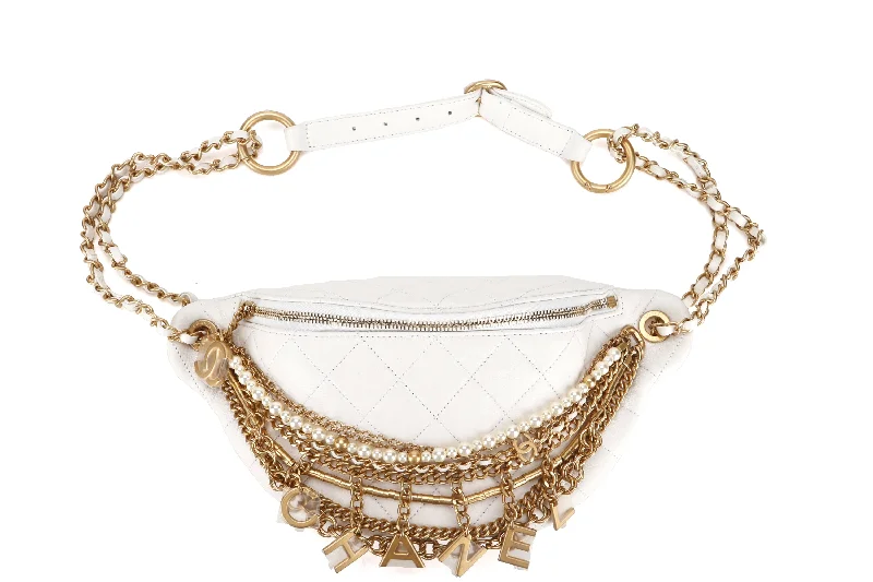 Chanel Chain Strap Handbag for Everyday UseCHANEL ALL ABOUT CHAINS WAIST BAG (2817xxxx) WHITE QUILTED LAMBSKIN WITH GOLD CHAIN, WITH CARD, DUST COVER & BOX