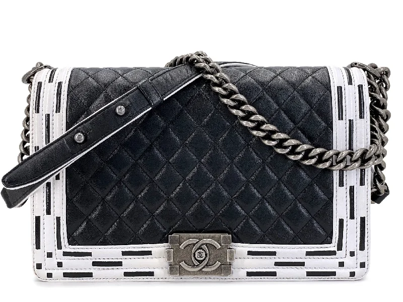 Chanel Quilted Leather Shoulder Bag for FashionistasChanel Black White Geometric Print New Medium Boy Flap Bag RHW 2014 A1B