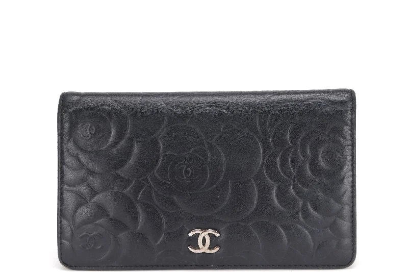 Chanel New Arrival Handbag with Gold HardwareCHANEL CAMELLIA BLACK LAMBSKIN LEATHER LONG WALLET (1671xxxx) SILVER HARDWARE, WITH CARD & BOX