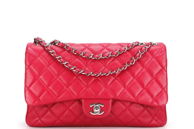 Chanel All - Match Handbag for Versatile StylingCHANEL CC FLAP (1912xxxx) JUMBO DARK PINK LAMBSKIN SILVER HARDWARE, WITH CARD & DUST COVER