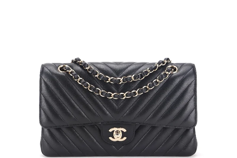 Chanel Quilted Leather Shoulder Bag for FashionistasCHANEL CLASSIC DOUBLE FLAP CHEVRON (2467xxxx) MEDIUM BLACK LAMBSKIN WITH GOLD CHAIN, WITH CARD, DUST COVER & BOX