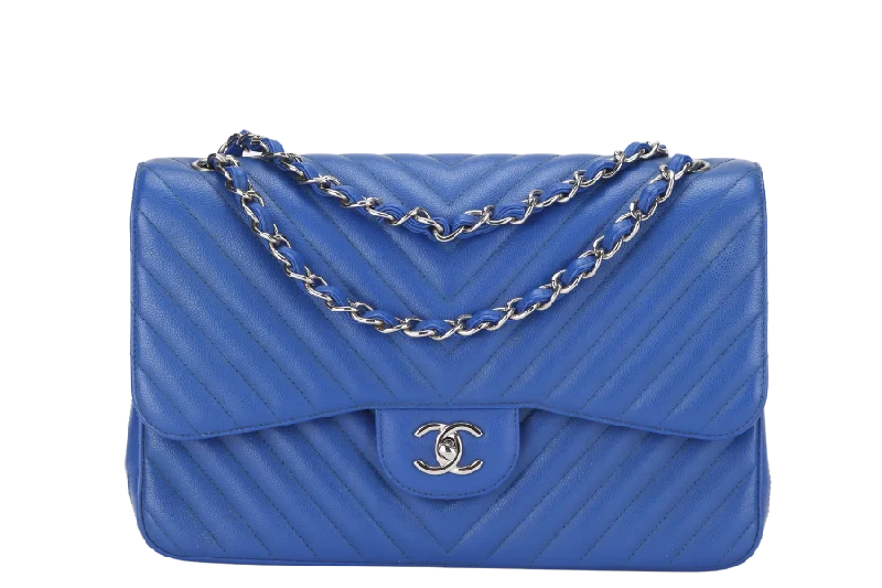 Chanel Luxury Handbag for High - End EventsCHANEL CLASSIC DOUBLE FLAP (2247xxxx) JUMBO BLUE CHEVRON CAVIAR LEATHER SILVER HARDWARE, WITH DUST COVER