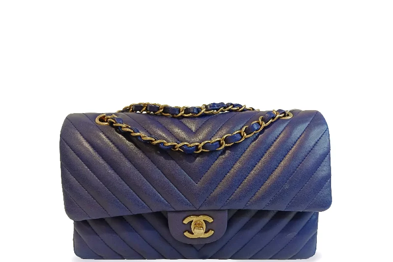 Chanel Small Crossbody Bag for TravelCHANEL CLASSIC DOUBLE FLAP (2122xxxx) MEDIUM BLUE CHEVRON LAMBSKIN GOLD HARDWARE, WITH CARD, NO DUST COVER