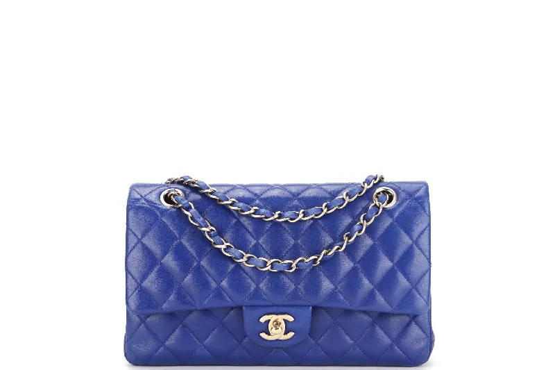 Chanel Small Crossbody Bag for TravelCHANEL CLASSIC DOUBLE FLAP (1813xxxx) MEDIUM BLUE LAMBSKIN LIGHT GOLD HARDWARE, WITH CARD, NO DUST COVER