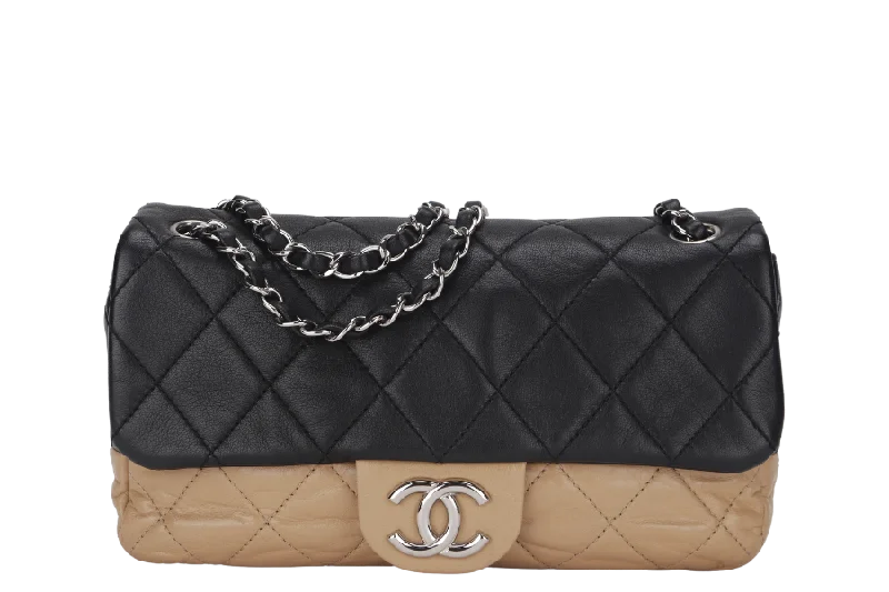 Chanel Handbag with Adjustable Strap for ComfortCHANEL CLASSIC FLAP BICOLOR (1267xxxx) MEDIUM BLACK & BEIGE LAMBSKIN SILVER HARDWARE WITH CARD, NO DUST COVER