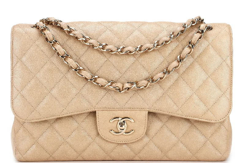 Chanel Classic Flap Bag for Evening PartyCHANEL CLASSIC FLAP JUMBO (2797xxxx) SHINY BEIGE CAVIAR LEATHER GOLD HARDWARE, WITH CARD, DUST COVER & BOX