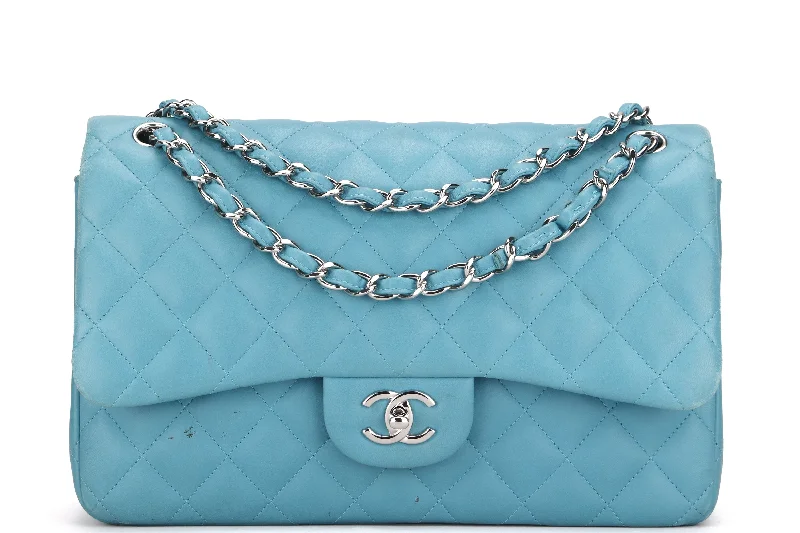 Chanel Chain Strap Handbag for Everyday UseCHANEL CLASSIC FLAP (1943xxxx) JUMBO TURQUOISE COLOR LAMBSKIN SILVER HARDWARE, WITH CARD, NO DUST COVER