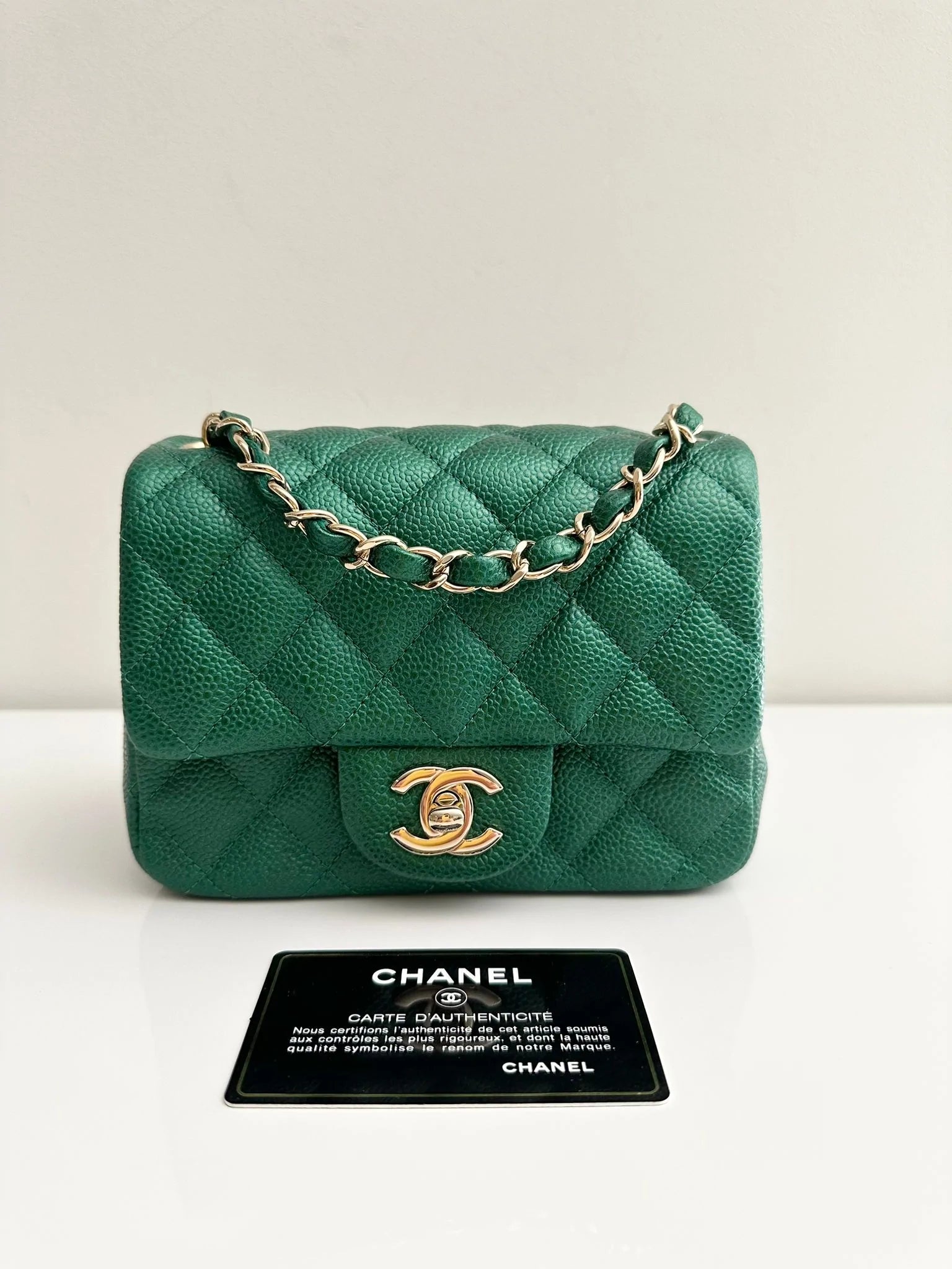 Chanel New Arrival Handbag with Gold HardwareCHANEL Classic Mini Caviar Flap 18s Emerald Green Light Gold Hardware