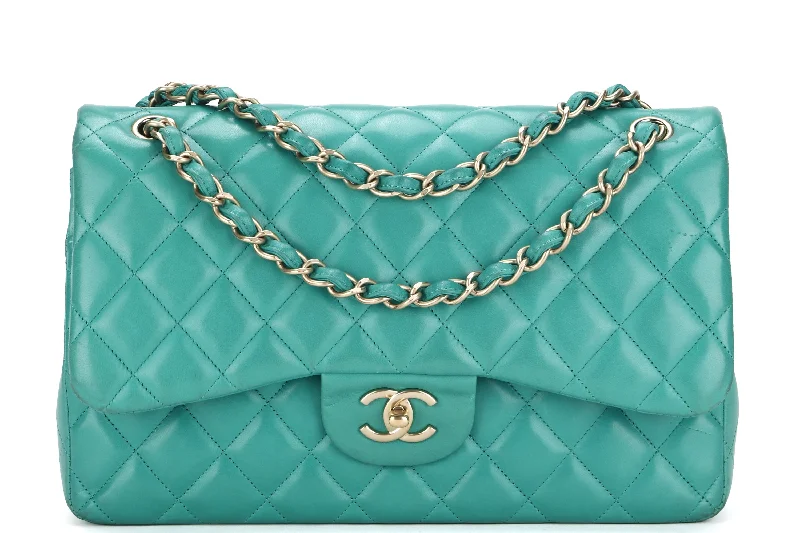 Chanel Luxury Handbag for High - End EventsCHANEL DOUBLE FLAP BAG (1798xxxx) JUMBO GREEN LAMBSKIN LEATHER GOLD HARDWARE, WITH DUST COVER, NO CARD