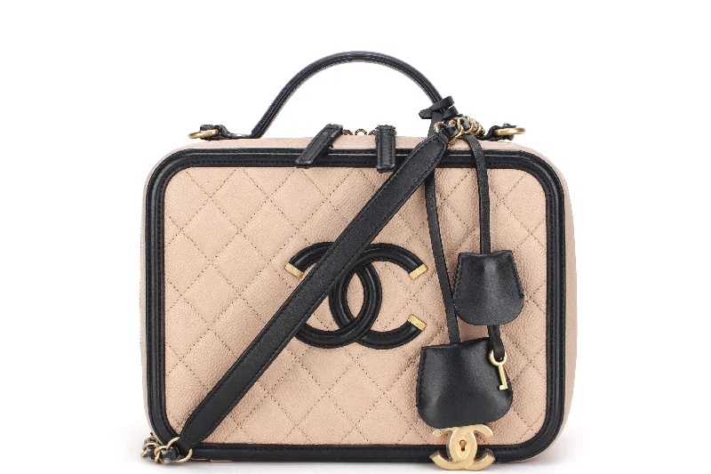 Chanel All - Match Handbag for Versatile StylingCHANEL FILIGREE VANITY CASE (2805xxxx) LARGE BEIGE & BLACK CAVIAR LEATHER, WITH CARD, LOCK, KEY & DUST COVER