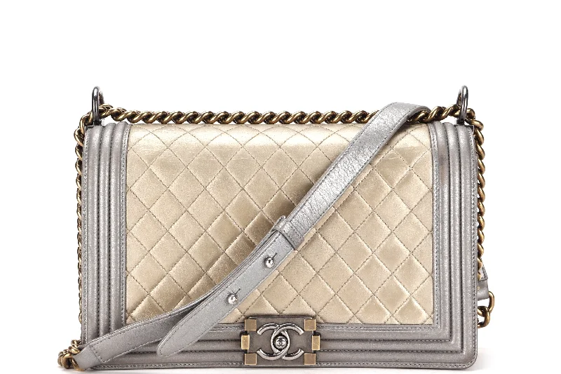 Chanel Luxury Handbag for High - End EventsCHANEL LE BOY (1961xxxx) NEW MEDIUM GOLD SILVER METALLIC CALFSKIN RUTHENIUM HARDWARE, WITH CARD, NO DUST COVER