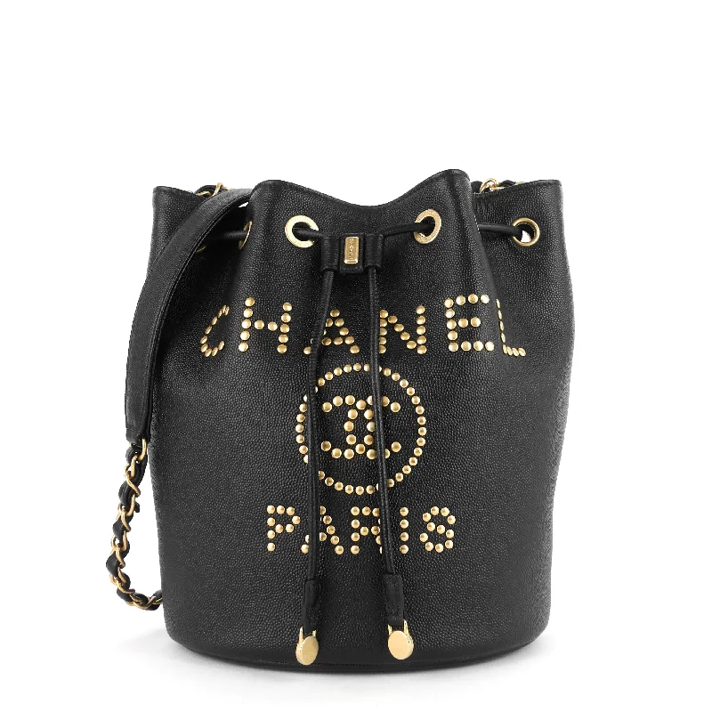 Chanel Black Handbag for Business MeetingsDeauville Drawstring Studded Caviar Bucket Bag