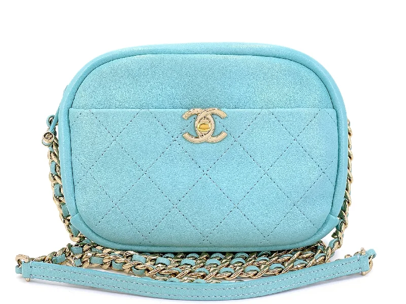 Chanel Handbag with Adjustable Strap for ComfortChanel Tiffany Blue Light Teal Goatskin Camera Bag GHW FI1