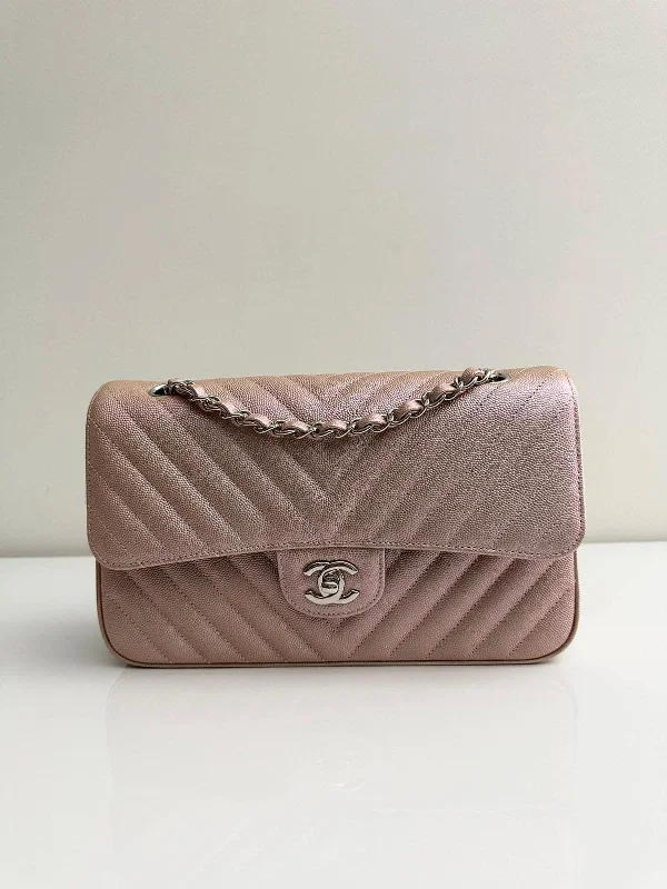 Chanel Lightweight Handbag for Daily ErrandsCHANEL Metallic Caviar Chevron Quilted Medium Double Flap Light Gold