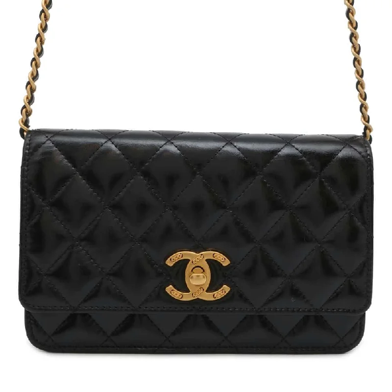 Chanel Vintage Inspired Handbag for Retro LoversCHANEL Matelasse Chain wallet Black Shiny Lambskin