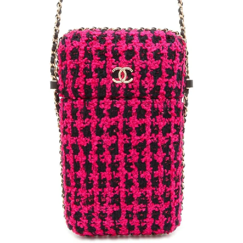 Chanel Limited Edition Handbag for CollectorsCHANEL Phone Holder ChainShoulder Bag Fuschia Pink/Black A94471 Tweed Size Black