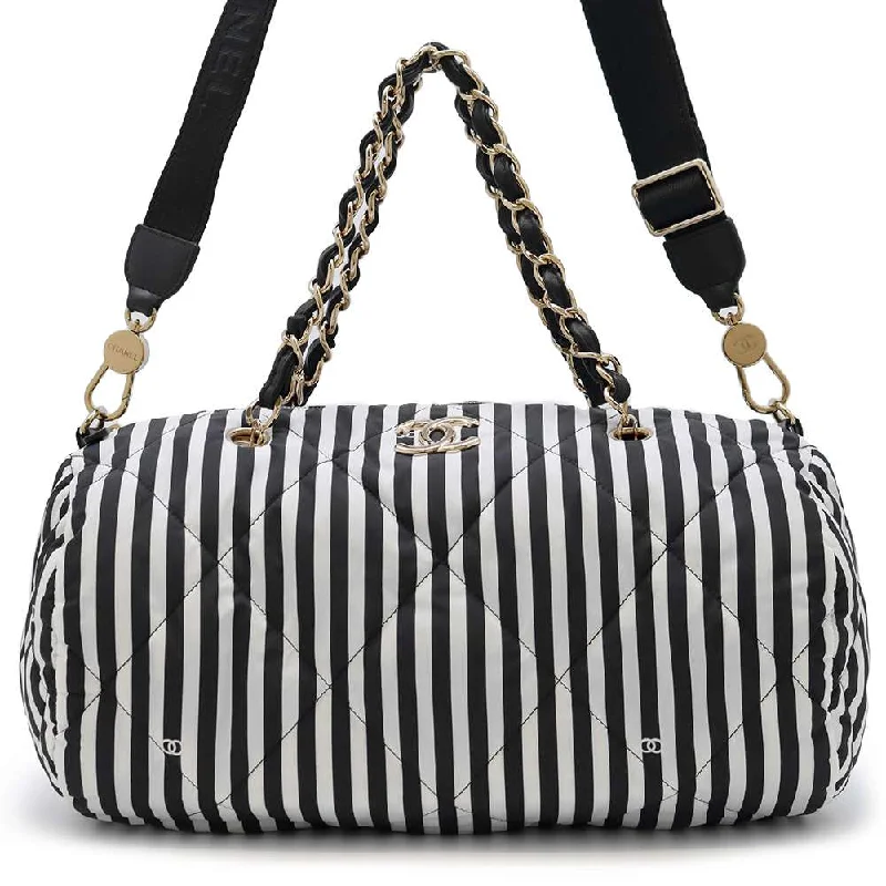 Chanel Classic Flap Bag for Evening PartyCHANEL Striped 2WAY Bowling Bag White/Black AS4696 Nylon Size Large