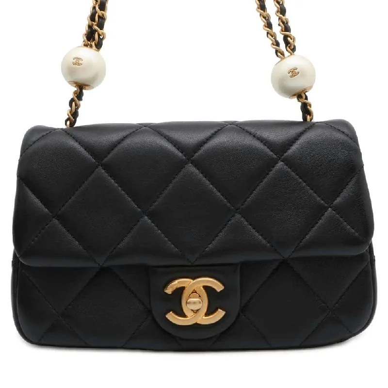 Chanel Quilted Leather Shoulder Bag for FashionistasCHANEL Matelasse Pearl Ball Flap Bag Black AS4861 Lambskin Faux Pearl Size Small